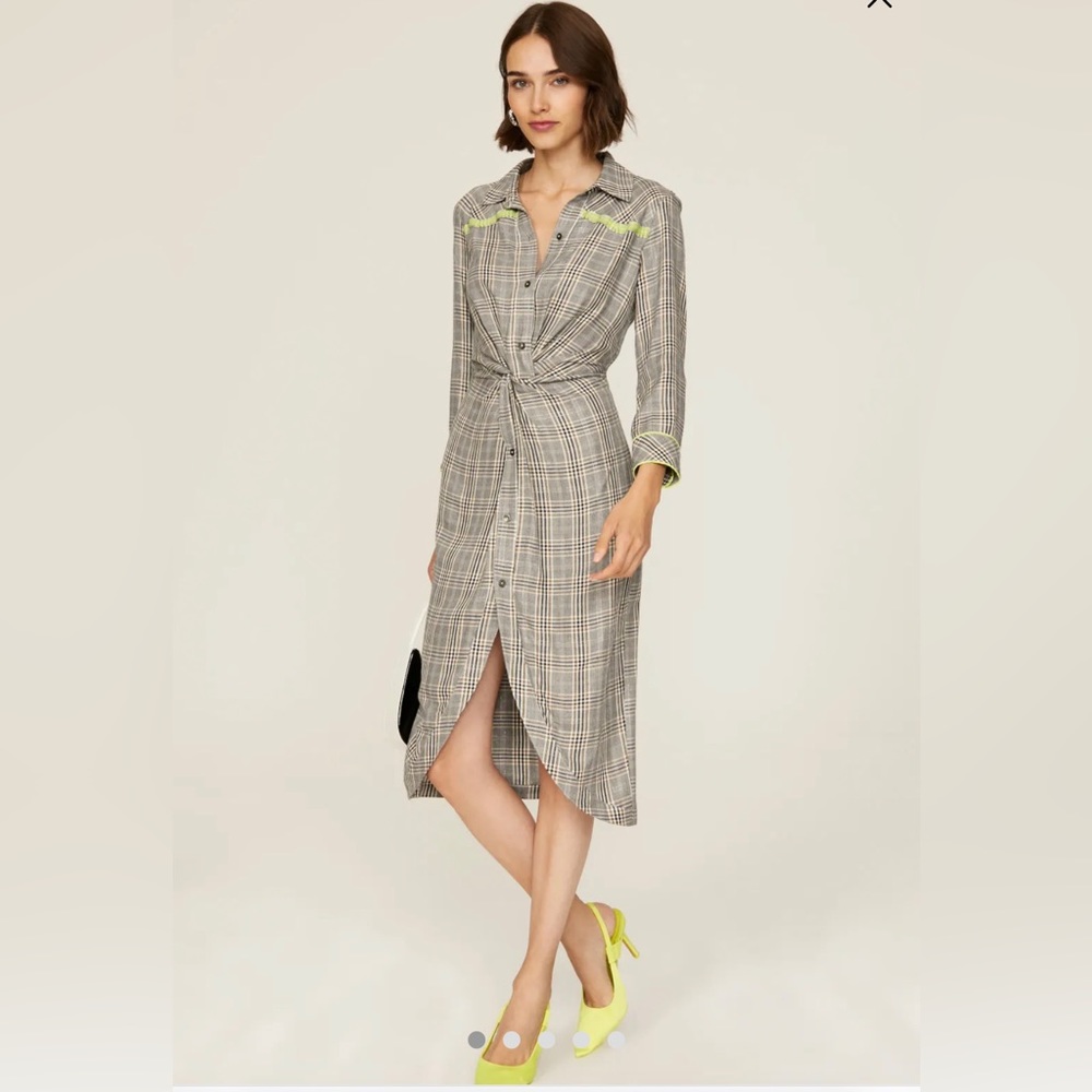 Midi Plaid Shirt Dress with Neon Trim - Women